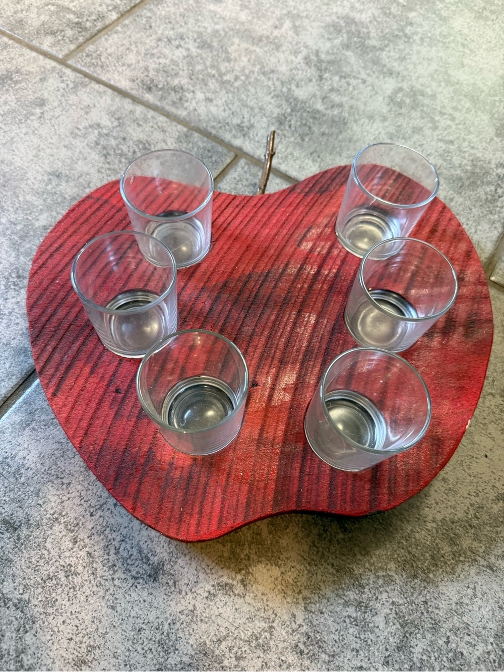 Red Apple-Shaped Wooden Shot Glass Serving Tray with 6 Glasses